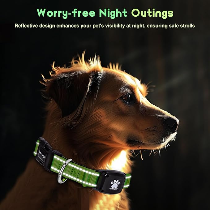 GPS Dog Collar Tracker 2-in-1,Reflective Waterproof Pet Collar,iOS-Only,No Monthly Fees,Unlimited Range,Ideal for Dog Tracking pet Tracker,for Small Medium Large Dogs(XS (10.6"-13.6"), Green)