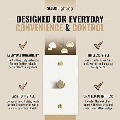 SELECT White Brass Dimmer Light Switch, 1 Way Rotary Dimmer, 1 Gang TRIAC/Leading Edge Dimmable LED Light Switch, 15A 120V AC with Brass Knob, Faceplate & Dimming Module, UL Listed