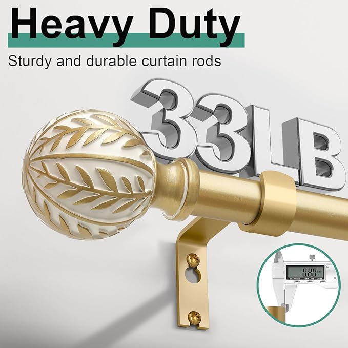 Gold Curtain Rods for Windows 72 to 144 inch,1" Adjustable Heavy Duty Window Curtain Rod Leaf Finials,Rustic Decorative Drapery Rods Set,Size:36-150''