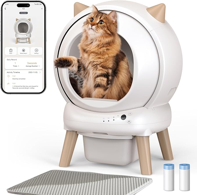 Self Cleaning Litter Box - E2 Automatic Cat Litter Box Large Smart Self Cleaning Robot for Cats, Double Safety Protection, App Control, 2 Roll Garbage Bags & Mat