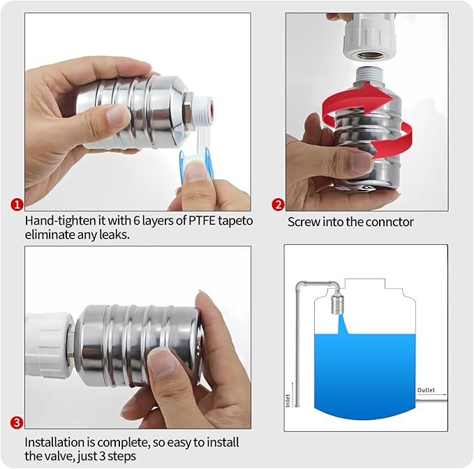 Float Valve, 1/2" to 3/4" 1" 304 Stainless Steel Fully Automatic Water Level Controller, Automatic Water Level Control Float Valve for Water Tank, Livestock Troughs, Pool, Distiller