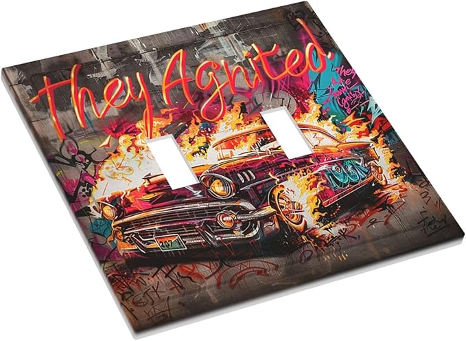 Decorative Switch Plates Hip Hop Street Graffiti Flame Car 2 Gang Double Toggle Outlet Light Switch Cover Wall Plate Electrical Faceplate for Bedroom living Room Decor