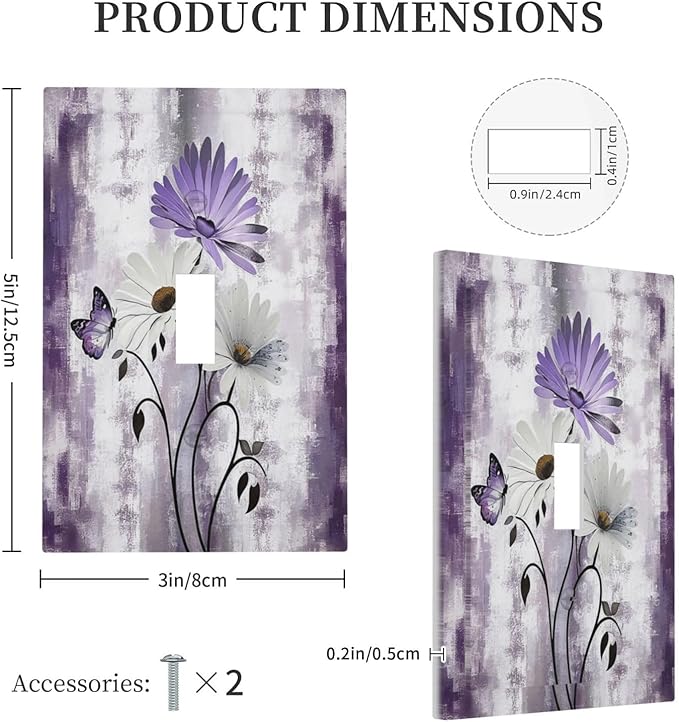 Purple Daisy White Floral Butterfly Flowers Single Toggle Light Switch Cover plate Outlet Cover Decorative Switchplate Wall Plates Electrical Panel Cover for Bathroom Living Room 5 X 3 IN