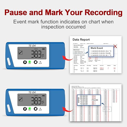 TE-04 Temperature Data Logger with 1.5M External Probe, Auto PDF& CSV Report, 35,000 Points, Large Display Pause Recording Function, Temperature Recorder for Cold Chain Shipping Vaccine Storage