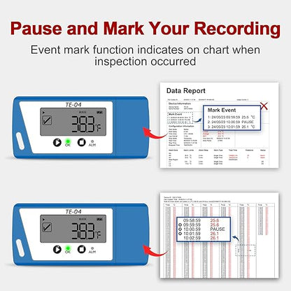 TE-04 Temperature Data Logger with 1.5M External Probe, Auto PDF& CSV Report, 35,000 Points, Large Display Pause Recording Function, Temperature Recorder for Cold Chain Shipping Vaccine Storage