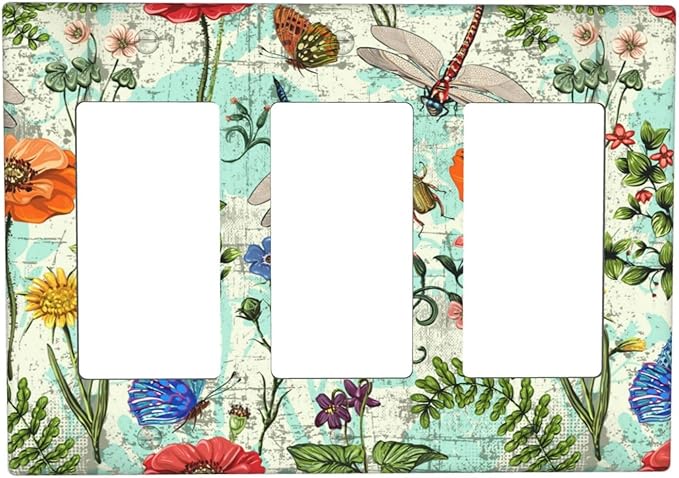Dragonflies Flowers Butterfly 3 Gang Triple Rocker Outlet Light Switch Cover Decorative Wall Plate Cover For Home Living Bedroom Kitchen Decorative