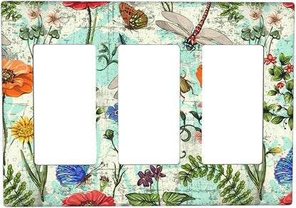 Dragonflies Flowers Butterfly 3 Gang Triple Rocker Outlet Light Switch Cover Decorative Wall Plate Cover For Home Living Bedroom Kitchen Decorative