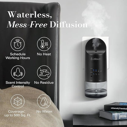 JCLOUD 2025 Plug in Diffuser for Essential Oils, Waterless Scent Diffuser Cover Up to 500 Sq. Ft. for Home, Office, Spa - Portable Wall Aromatherapy Device 160ML, Black
