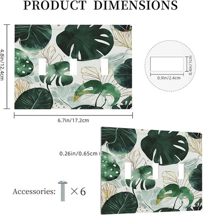 Boho Tropical Green Leaf Watercolor Banana Leaves Decorative Switch Plates 3 Gang Wall Plate Triple Toggle Light Switch Cover Faceplate Electrical Wall Panels For Bed Room Living Room Decor