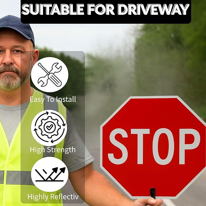 BESEA 18 Inch Handheld STOP & SLOW Sign, Double-Sided Reflective Paddle for Traffic Control, School Crossings, Construction Zones,Caution Areas Durable Non-Telescopic Handle, High-Visibility Safety Sign