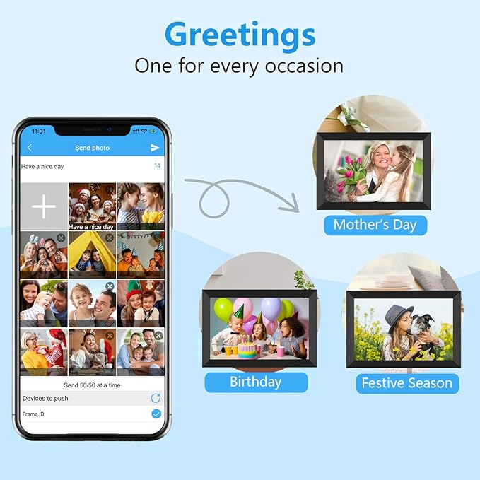 SSAWIFIFRAME Digital Photo Frame 10.1 inch WiFi Digital Picture Frame IPS Touch Screen 32GB Storage Auto-Rotate Easy Setup to Share Photos & Videos via SSA WiFi Frame App from Anywhere