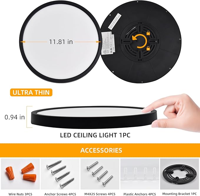 Hlite 2pack 12 inch Flush Mount LED Ceiling Light Fixture,24W 2400LM Super Slim Light Fixtures Ceiling Mount 3000K/4000K/5000K 3CCT Selectable,Light Fixtures for Kitchen,Bedroom (Black)