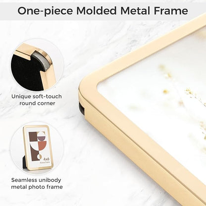 Axeman 4x6 Picture Frame-Metal Rounded Corner Frame 4x6, 4''x6''Photo Frame with Tempered Glass,Tabletop and Wall Display, One-Piece 4 By 6 Metal Picture Frame for images, Gold