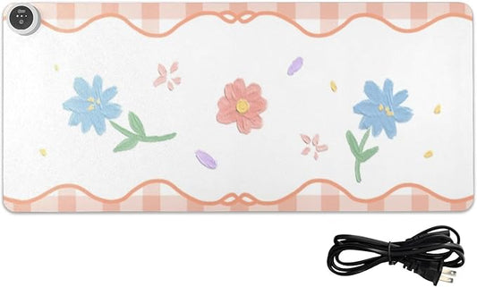Orange Floral Plaid Heated Desk Pad Mouse Pad 31.5x13 Inch PU Leather Desk Mat with 3 Heat Levels Large Mouse Gaming Computer Laptop Mat