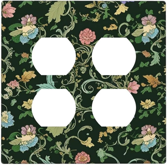 Decorative Outlet Covers Vintage Green Leaf Plant Rustic Pink Flower 2 Gang Wall Plate Cover Double Duplex Receptacle Two Switch Light Switch Cover Plate Jumbo Dual Faceplate