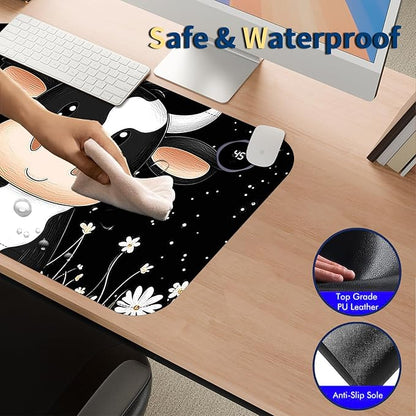 Heated Mouse Pad with 3 Temperature Settings(104°F–122°F),Large 24x14.2 Inch PU Leather Heated Desk Mat,Waterproof Warming Pad for Office,Gaming & Cold Hands Relief,Cute Black White Cow
