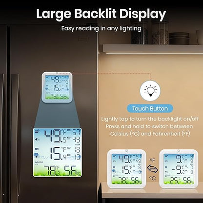 Refrigerator Thermometer with Freezer Alarm, Wireless Freezer Thermometer, Max/Min Temperature Records Fridge Monitor, 330ft Temperature Humidity Monitor with 2 Sensors, for Kitchen Home Restaurant