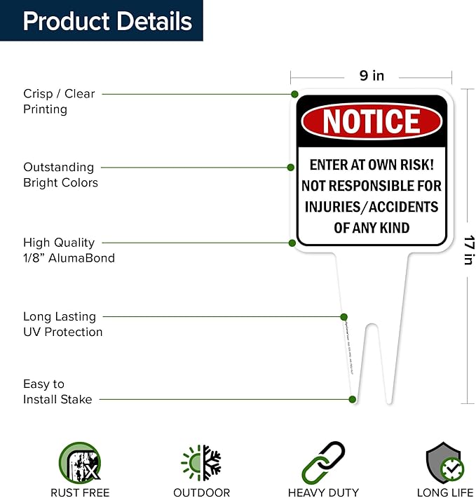 Notice, Enter at own Risk! Sign, 9"x17", Heavy Duty Integrated Ground Stakes, Indoor/Outdoor Use, Rust Free Aluminum Composite, Made in USA by My Sign center