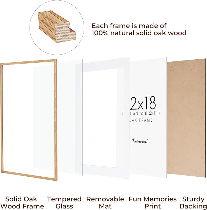 Fun Memories Solid Oak Wood Picture Frame 12"x18" for Wall - Tempered Real Glass, Matted to 8.5x11, Poster Frame (Natural Oak Color, 1 Pack)