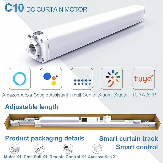 TIPIACE Rechargeable Motorized Curtain tracks to Remote Control Ceiling Mount Electric Retractable Curtain Rail Compatible with Alexa Google Home via Hub (L 66.9-118 inch)