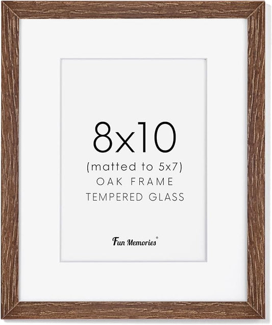 Fun Memories 8x10 Wood Picture Frame, Solid Oak Wood Frame 10x8 for Wall & Tabletop Display, 5x7 Picture Frame with Mat 8x10, 8 x 10 Photo Frame Wood with Tempered Glass, Walnut Color, 1 Pack