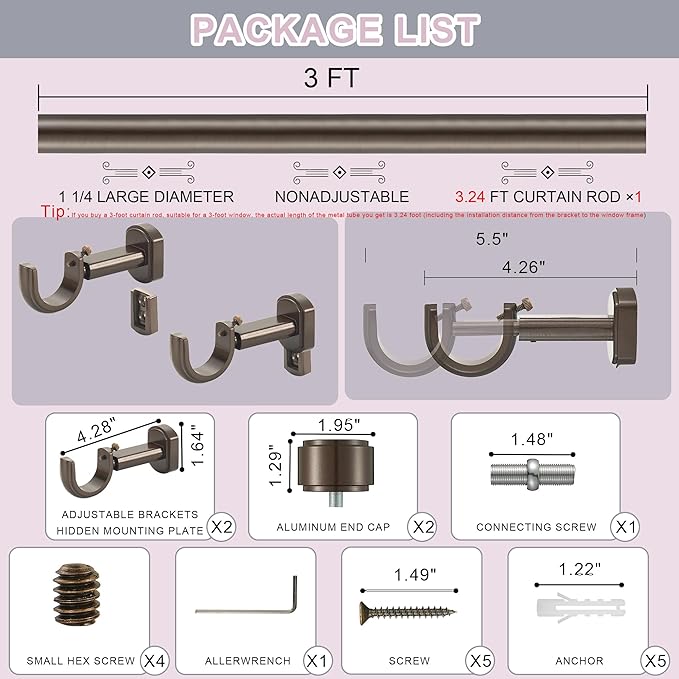 Heavy Duty Curtain Rods - 1 1/4" Large Diameter Premium Nonadjustable Curtain Rod - 36in/3ft Custom Window Treatment Rods with Durable Aluminum Brackets and End Caps,Dark Bronze Finish