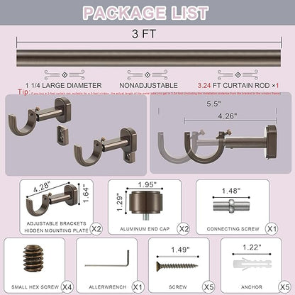 Heavy Duty Curtain Rods - 1 1/4" Large Diameter Premium Nonadjustable Curtain Rod - 36in/3ft Custom Window Treatment Rods with Durable Aluminum Brackets and End Caps,Dark Bronze Finish
