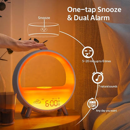MOMILLA Sunrise Alarm Clock with Wireless Charging & Bluetooth Speaker, Compatible with Airpods/iPhone, Smart APP Control, Sound Machine, Night Light Bedrooms, Alarm Clocks for Heavy Sleepers Adults