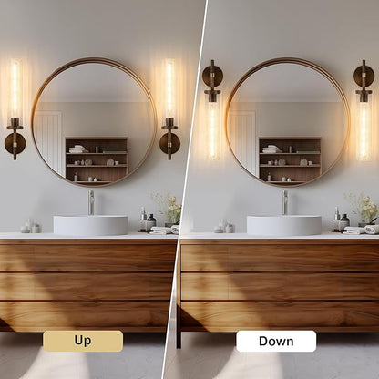 19.5" Knurled Brass Wall Sconce with Crackle Glass Tube, Bronze Bathroom Vanity Light Fixtures, Modern Lamp Lighting for Bedroom, Living Room, Hallway, Staircase, Mirror, Kitchen