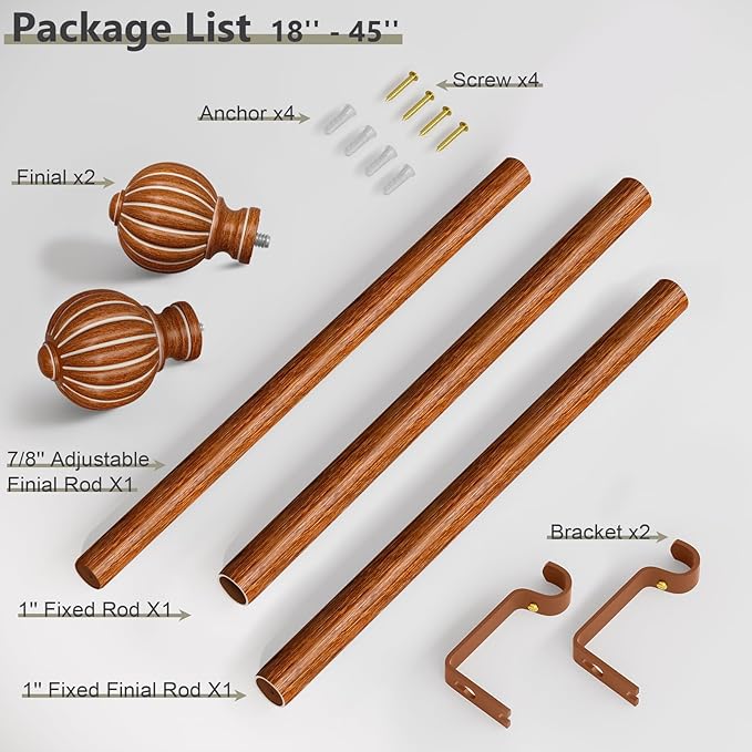 Reddish-Brown Wood Curtain Rods for Windows 28 to 48 Inch, 1'' Adjustable Heavy Duty Curtain Rod，Vintage Imitation Wood Decorative Drapery Rods with Pumpkin Finials for Bedroom Living Room