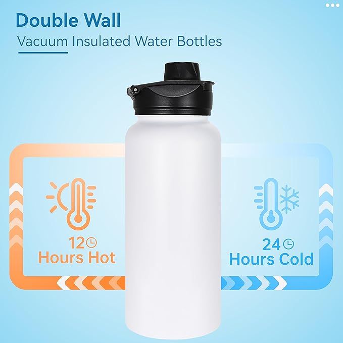 VEGOND 32 oz Insulated Water Bottle Bulk Stainless Steel Metal Water Bottles with Leak Proof Straw Lid & Spout Lid, Wide Mouth Double Walled Vacuum Travel Sports Bottle, 8 Pack