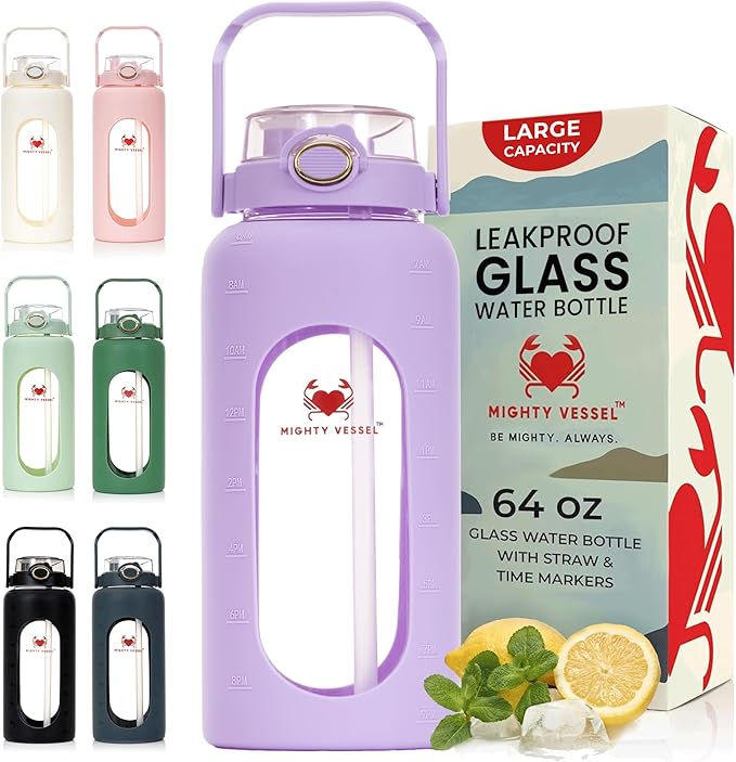 64 oz Glass Water Bottle – Lavender | Leakproof Half Gallon Glass Jug with Straw, Silicone Sleeve & Time Marker – Travel, Gym, Pregnancy, Daily Water Goals