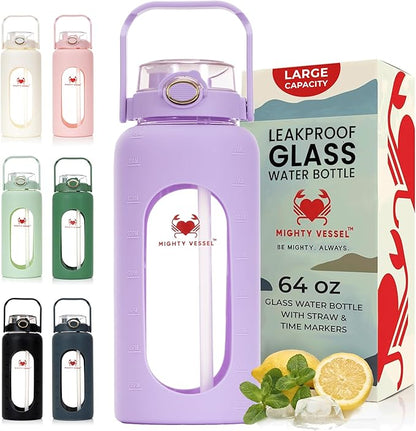64 oz Glass Water Bottle – Lavender | Leakproof Half Gallon Glass Jug with Straw, Silicone Sleeve & Time Marker – Travel, Gym, Pregnancy, Daily Water Goals