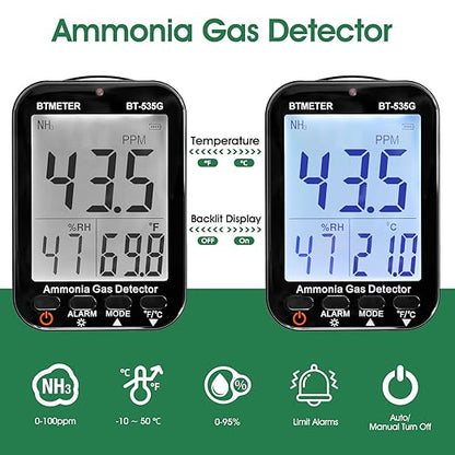 BTMETER Ammonia Gas Detector 535G, Air Quality Meter Monitor Indoor NH3 Gas 0~100 PPM, Relative Humidity and Temperature, Rechargeable Ammonia Gauge with Alarm, Backlit LCD Display