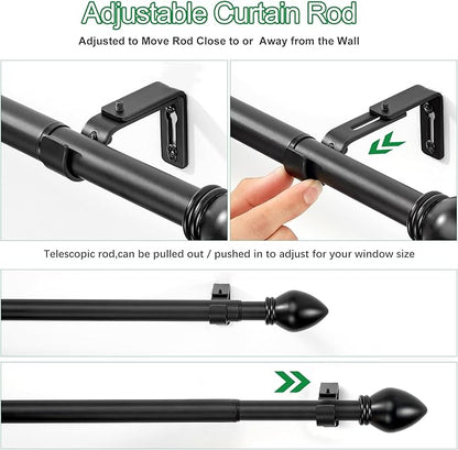 Curtain Rods for Windows 16 to 136 inches, Curtain Rod Max Adjustable Length to 146 in, Drapery Rod 1 inch Diameter with Modern Knobs Finials (Black, 16" to 136" - Set of 1)