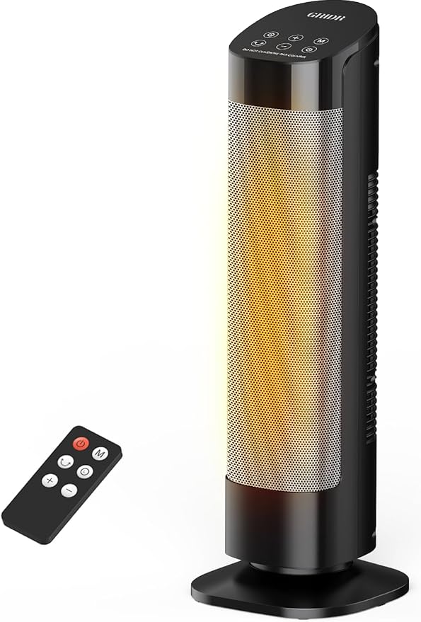 Space Heater Large Room, 23" Space Heaters for Indoor Use, 1500W PTC Ceramic Electric Heater with Thermostat and Remote, 80° Oscillation,12H Timer,Quiet Portable Heater for Office Bedroom Silver