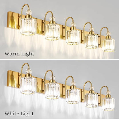 Ralbay Crystal Vanity Lights 5-Lights Brass Gold Over Mirror Modern Bathroom Wall Lighting Fixtures