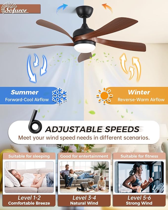 Sofucor 45" Smart Ceiling Fan, Indoor/Outdoor Ceiling Fans with Lights and Remote, Work with Alexa/Google/App, 3-Color Light 6-Speed Timing Reversible DC Motor for Bedroom Living Room Patio