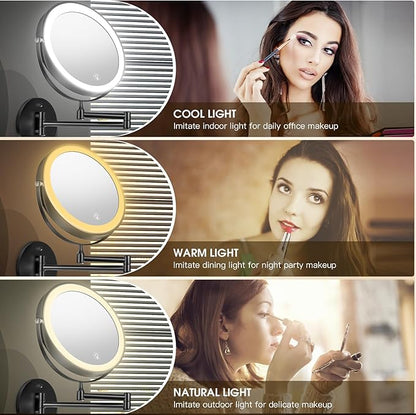 Wall Mounted Lighted Makeup Mirror, 8" Rechargeable Double-Sided Light up Magnifying Mirror 1x/10x,3 Color Led Vanity Mirror with Lights,Touch Dimmable 360° Rotation Foldable-Black