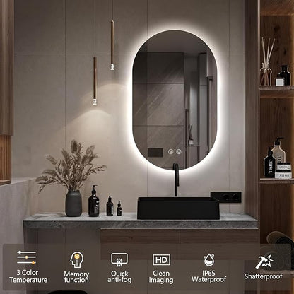 32" x 20" Oval LED Mirror for Bathroom, Backlit Vanity Mirror with Lights, Frameless Smart Wall Mirror, 3 Colors Stepless Dimmable, Anti-Fog, Shatterproof, Memory, CRI95+(Horizontal/Vertical)