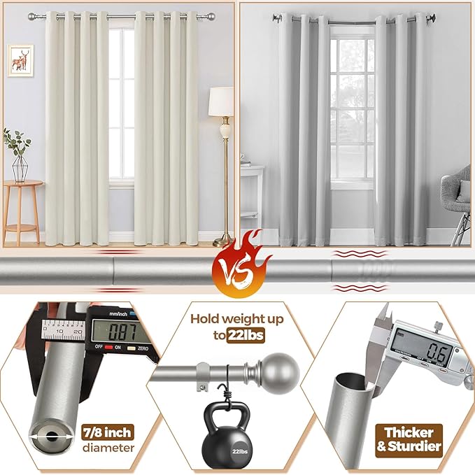 KAMANINA Long Curtain Rods for Windows 72 to 144 Inches, Silver Curtain Rod 32 to 144 Inches (2.6-12ft), 7/8 Inch Decorative Drapery Rods with Round Finials
