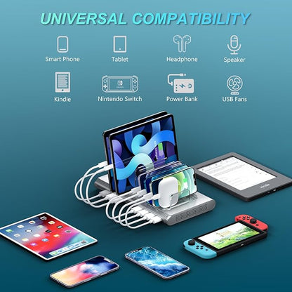 Unitek Multi iPad Charging Station - 10 Port USB Charging Station for Multiple Devices, Fast Charging Dock Cell Phone Organizer for iPhone, iPad, Android, Tablets - Silver