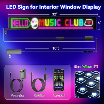 Large Programmable LED Sign, P5 Resolution Indoor Store LED Sign, Bluetooth APP, for Business Retail Shop Window Display (32"x 6")