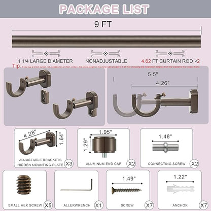 Heavy Duty Curtain Rods,1 1/4" Large Diameter Premium Nonadjustable Curtain Rod,108in/9ft Custom Window Treatment Rods with Durable Aluminum Brackets and End Caps,Dark Bronze Finish