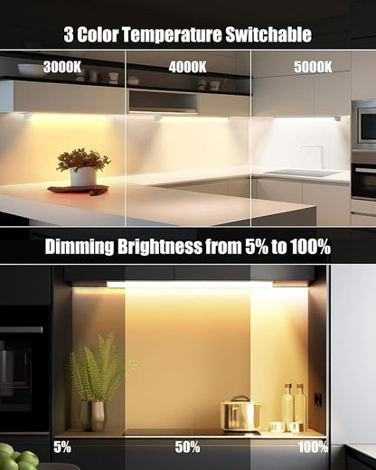 Hardwired Under Cabinet Lighting 24 Inch, 3 Color Settings - Soft White(3000K), Bright White(4000K), Daylight White(5000K), 2 Pack Linkable Dimmable Under Counter Lights for Kitchen, CRI 97