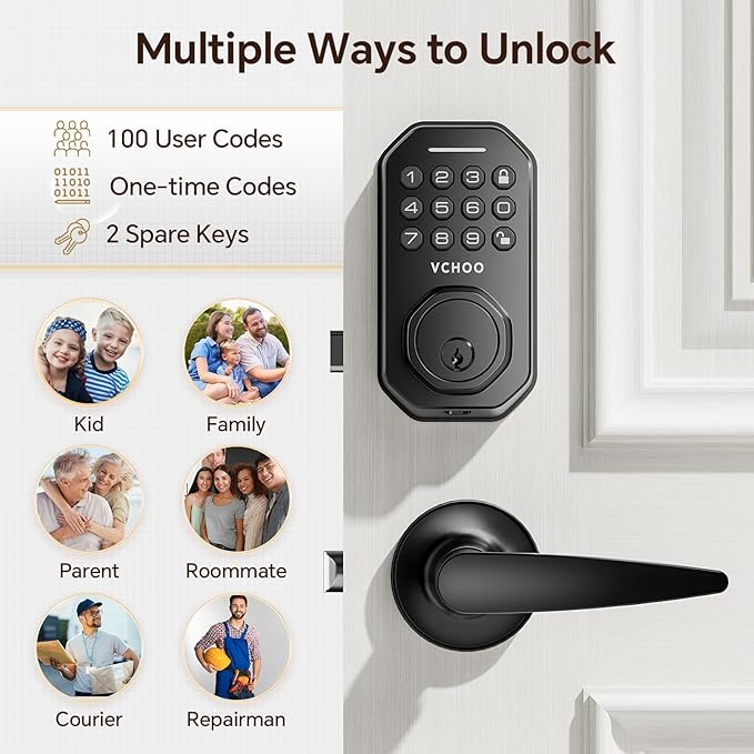 Keyless Entry Door Lock Set Smart Locks for Front Keypad Door Lock with Handle Automatic Lock One Time Password Anti Peeping Password IP54, Black