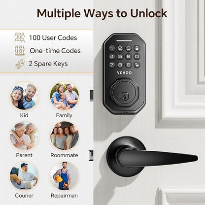 Keyless Entry Door Lock Set Smart Locks for Front Keypad Door Lock with Handle Automatic Lock One Time Password Anti Peeping Password IP54, Black