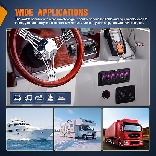 Nilight 6 Gang Rocker Switch Panel with Purple LED Light 5 Pin On Off Pre-Wired Aluminum Toggle Switches Waterproof for 12V/24V Cars Marine Boats ATVs Trailers RV Trucks