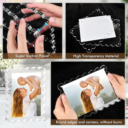 3Pack Magnetic Acrylic Picture Frames 5×7 Inch - Scalloped Photo Frame with 10+10mm Thick Block, Double Sided Clear Frames for Desktop Display | Trendy Home Gift (Clear, 5X7)