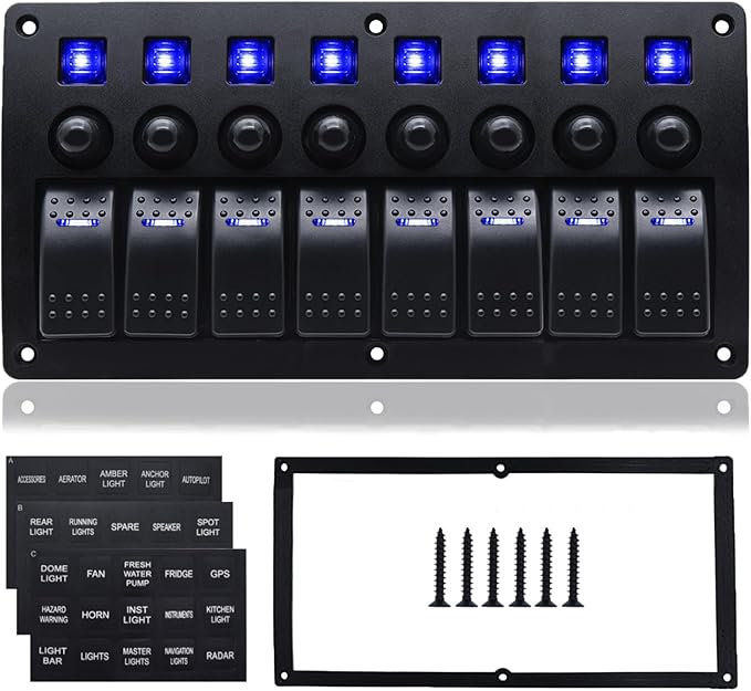 8 Gang Marine Switch Panel, Boat Rocker Switch Panel Waterproof, 12V Aluminum Switch Panel, Marine Toggle Switches ON/Off with Circuit Breaker 5A 10A 15A for Car RV Truck (Blue)